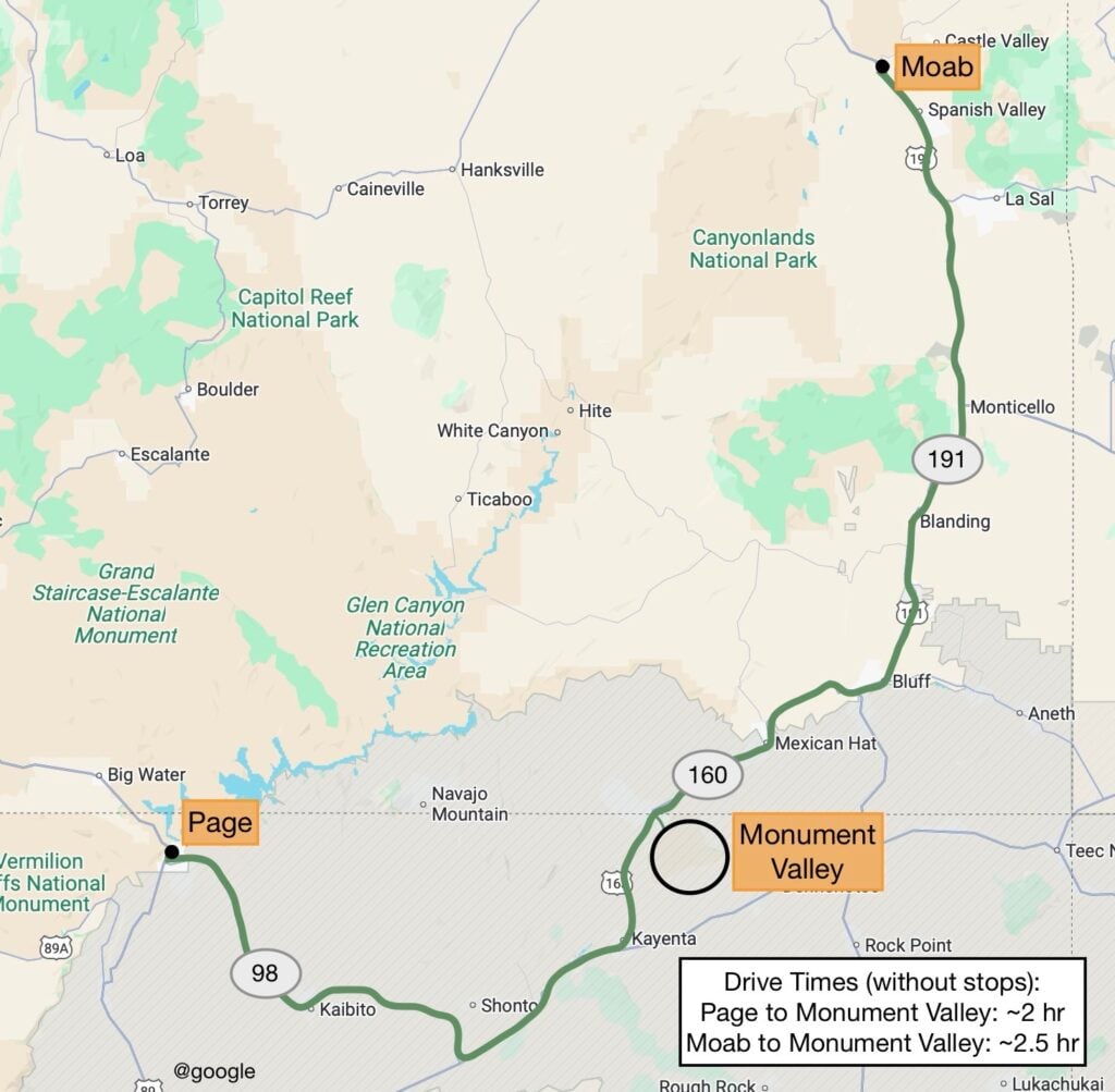 Map showing directions to Monument Valley